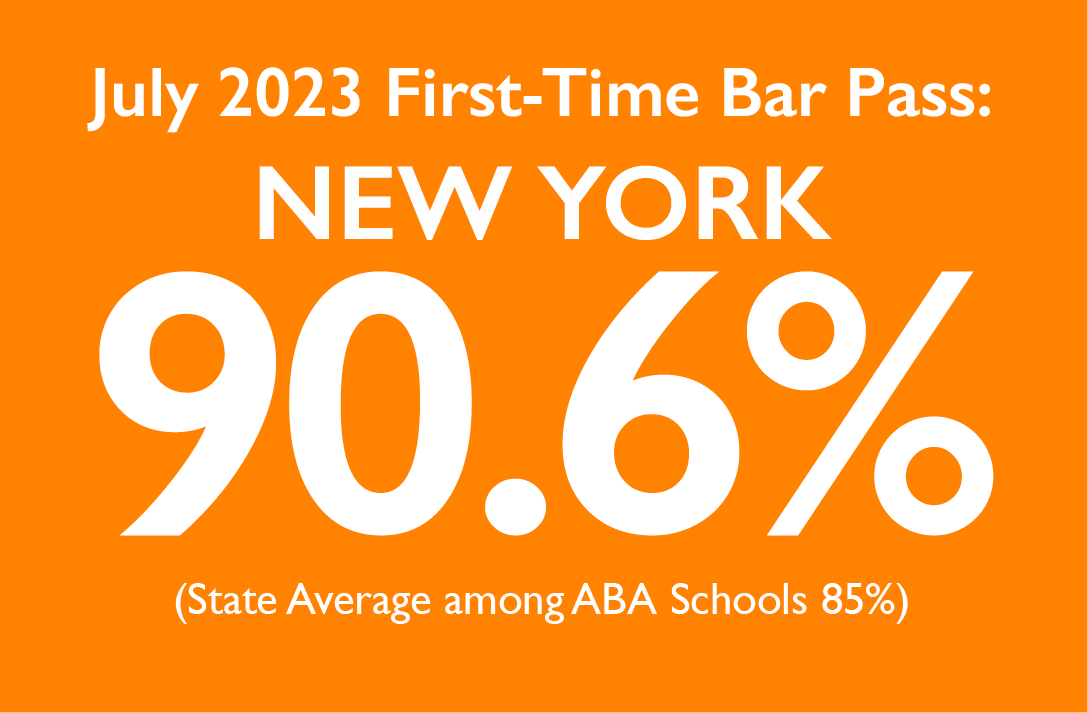 Seton Hall Law's overall bar passage rate for NY Bar first-time test takers from the class of 2023 was 90.6%.