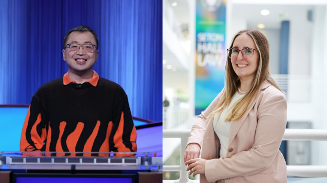 Asian man on the left and white woman on the right smiling