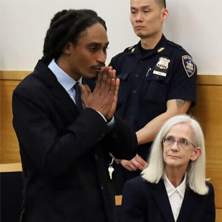 Image of Sheldon Thomas and Lesley Risenger in the courtroom during his exoneration.