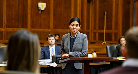 A Seton Hall Law student in a courtroom.