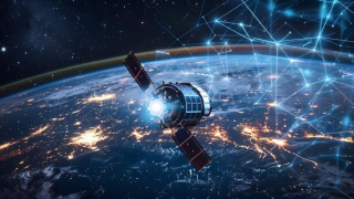 A satellite flying over earth in dark space